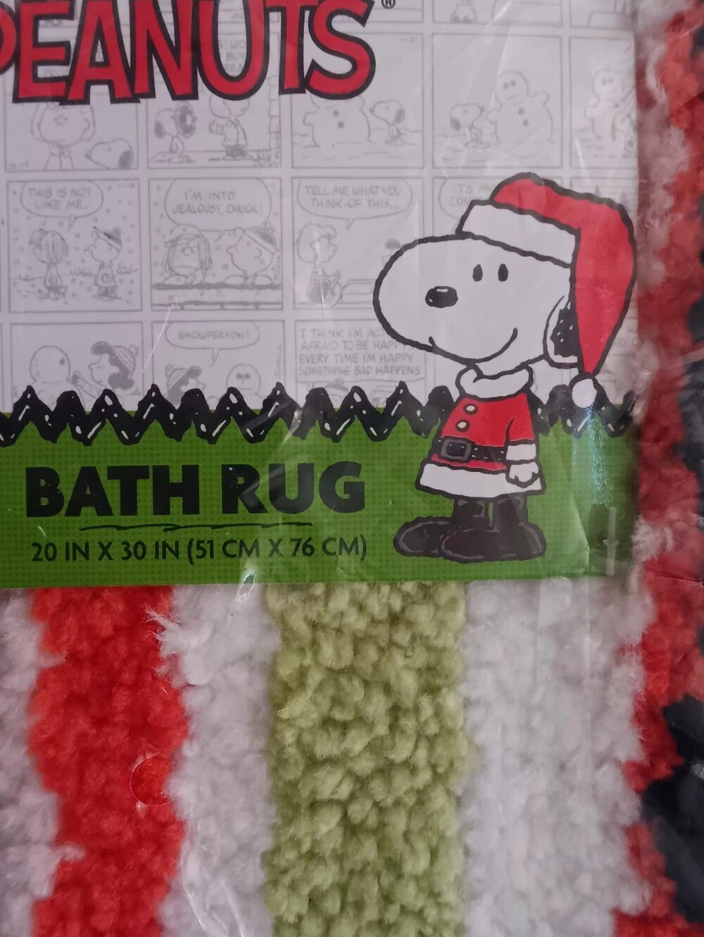 Peanuts Holiday Snoopy Striped Bath Rug - Red, White, Green